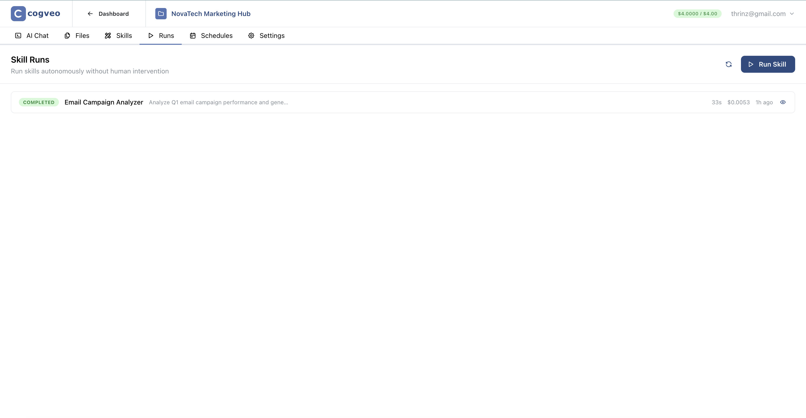 cogveo Skill Runs — autonomous execution with output tracking