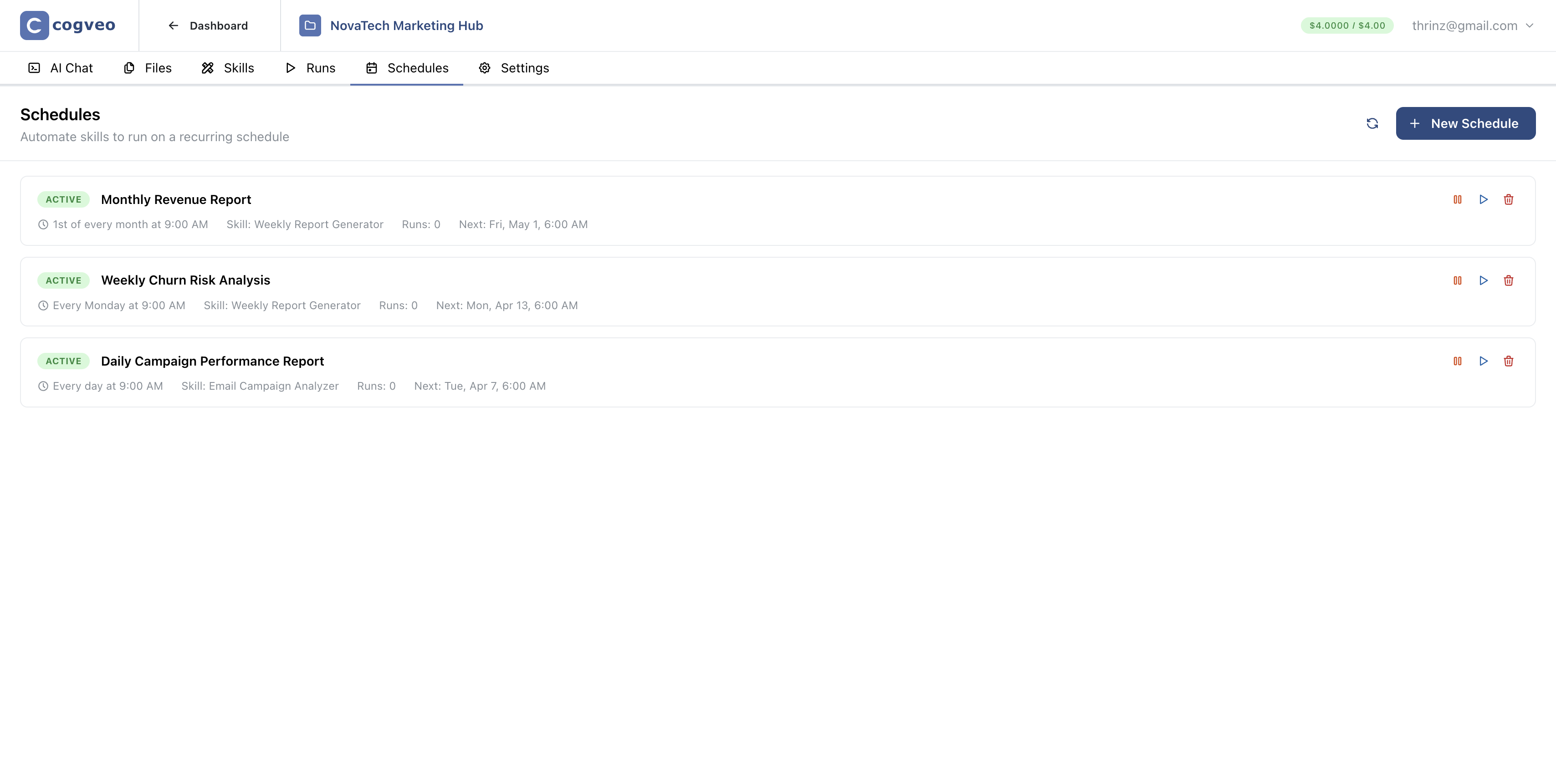 cogveo Schedules — automate skills on a recurring schedule