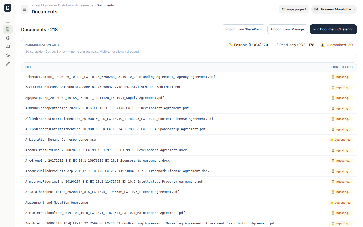Cogveo Documents view — 210 imported files with normalisation status