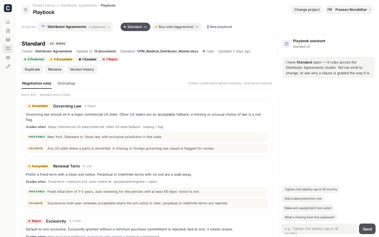 Cogveo Playbook — graded negotiation rules with preferred and fallback wording, plus the playbook assistant
