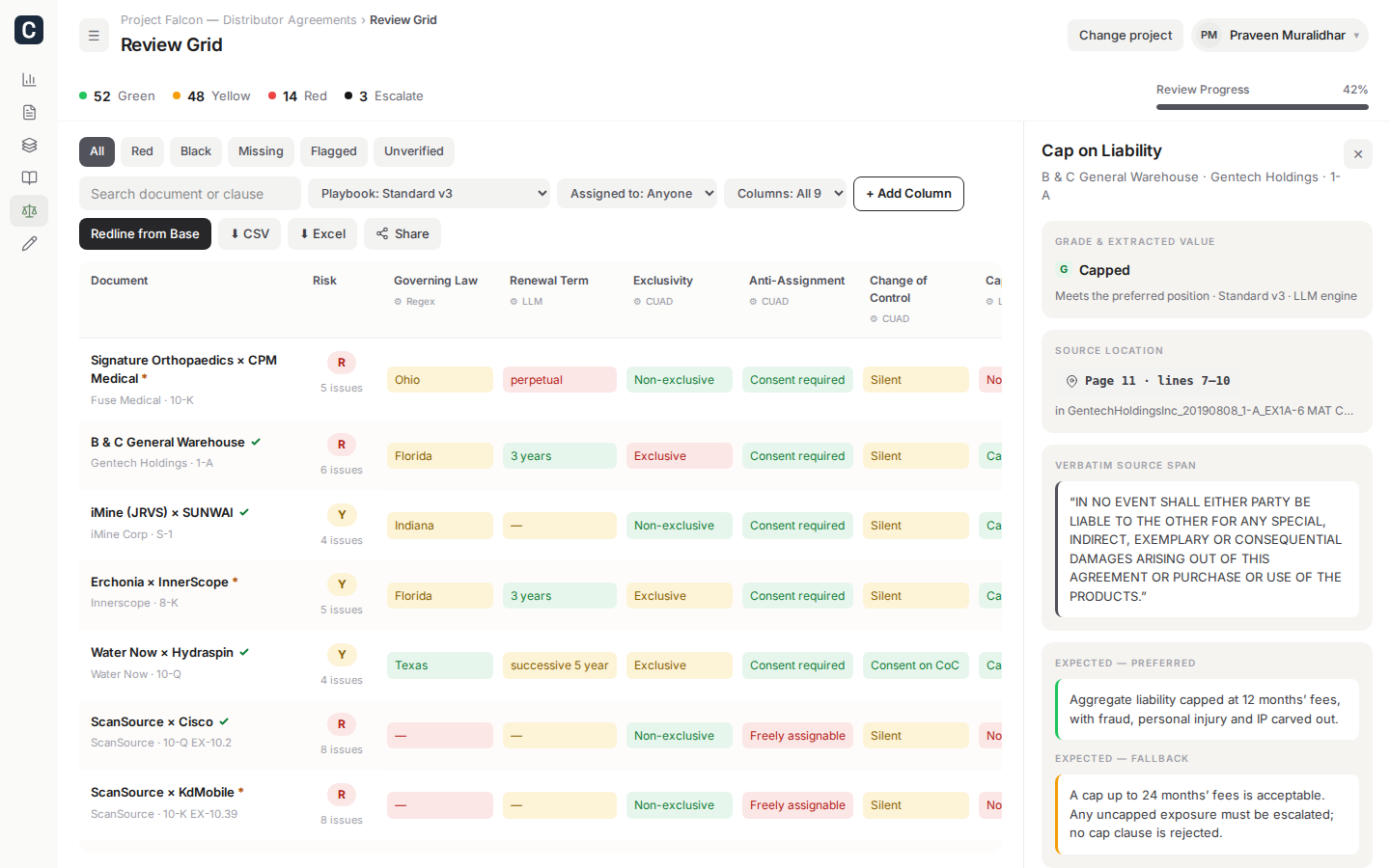 Cogveo collaboration — a clause cell open with verbatim citation and a comment thread with the client